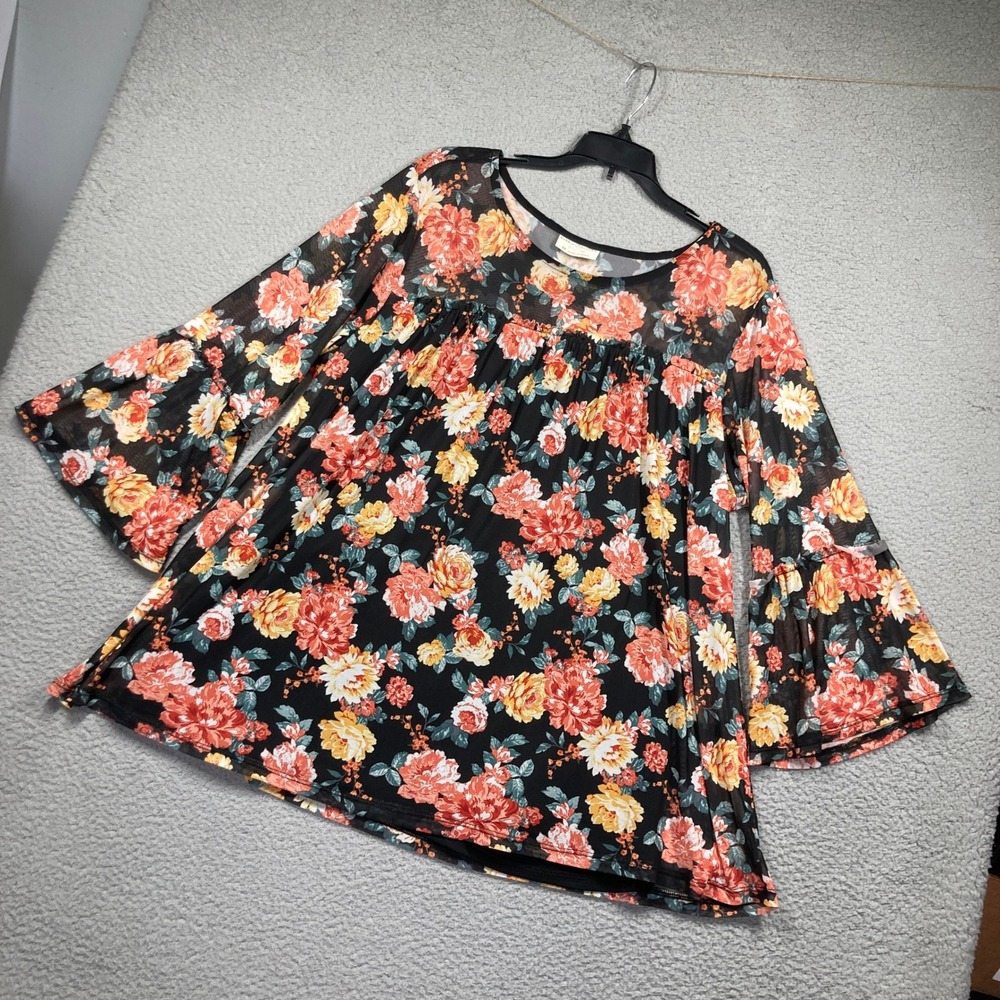 VTG Bobbie Brooks Blouse Womens 2X Black Floral Mesh Bell Sleeve Babydoll Top